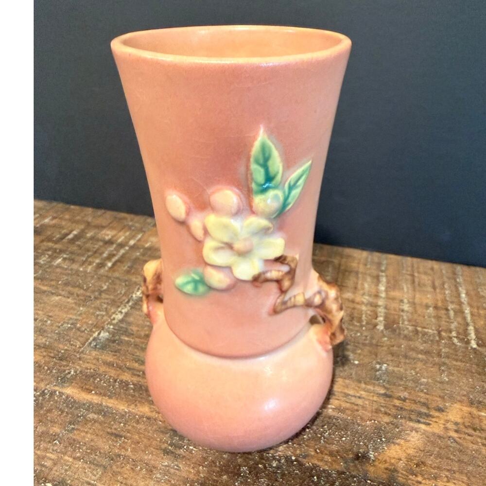 Vintage Roseville Apple Blossom‎ Pink Art Pottery Vase 1940's Mid Century Modern